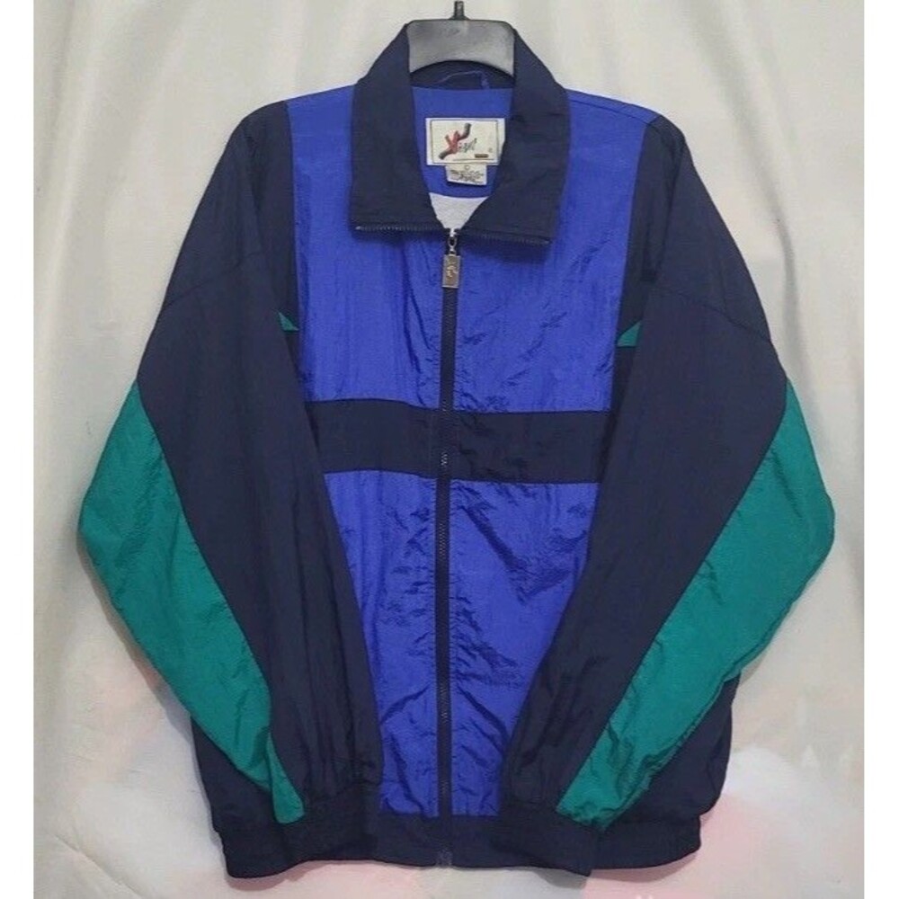 Vintage 90s Vizor Mens L Colorblock Nylon Windbreaker Jacket Blue Teal Retro